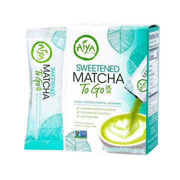 Aiya Japanese Sweetened Matcha Powder to Go Sticks - Ceremonial Grade, Vegan-Friendly, Gluten-Free - 8 Individually Packed Singl