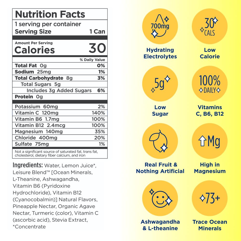 Leisure Drinks - Lemonade Electrolyte Drink [Electrolyte Refresher - 16oz Cans, 12pk] - Low Sugar Lemonade Hydration Drink - Hea