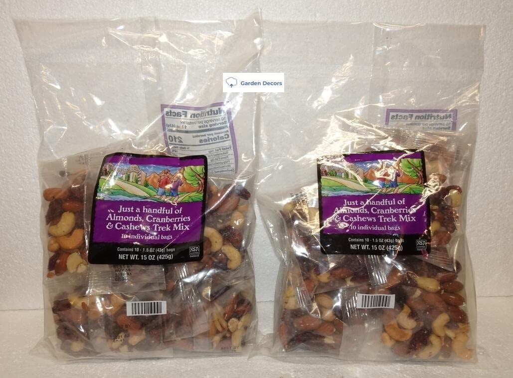 Trader Joe Just a Handful of Almonds, Cranberries & Cashews Trek Mix 10 Individual Bags 15oz 425g (Two Bags)