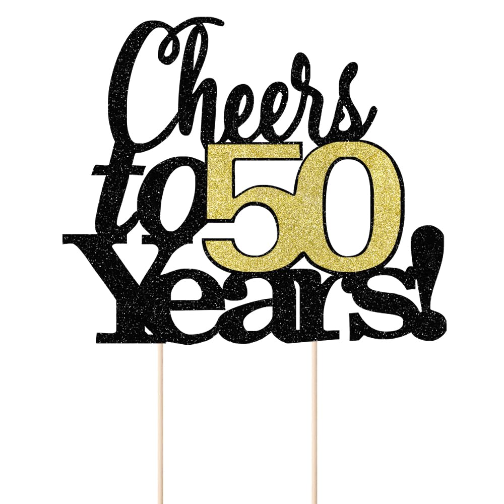 LVEUD Cake Topper - Cheers to 50 Years, 7x8 inches, Black Font with Golden Numbers, Model LX322-334