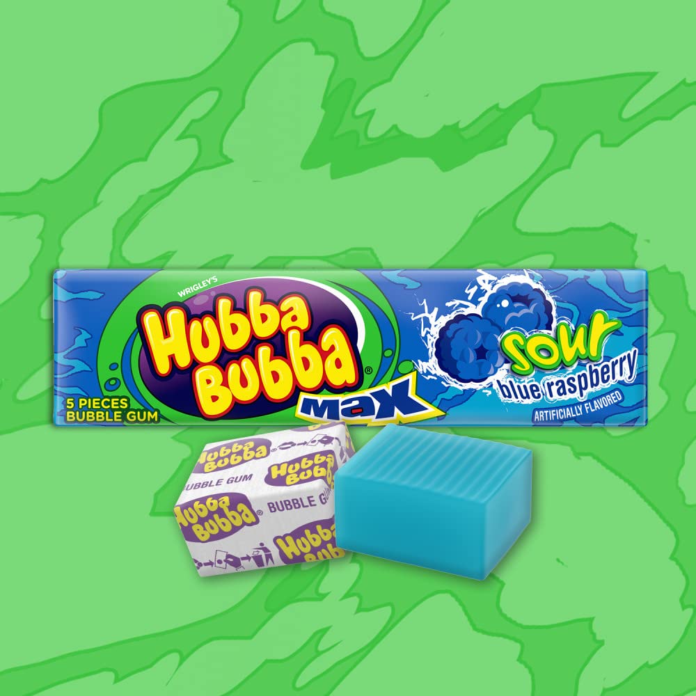Hubba Bubba Sour Blue Raspberry Chewing Gum - Bulk Pack of 18 (5 Pieces Each)