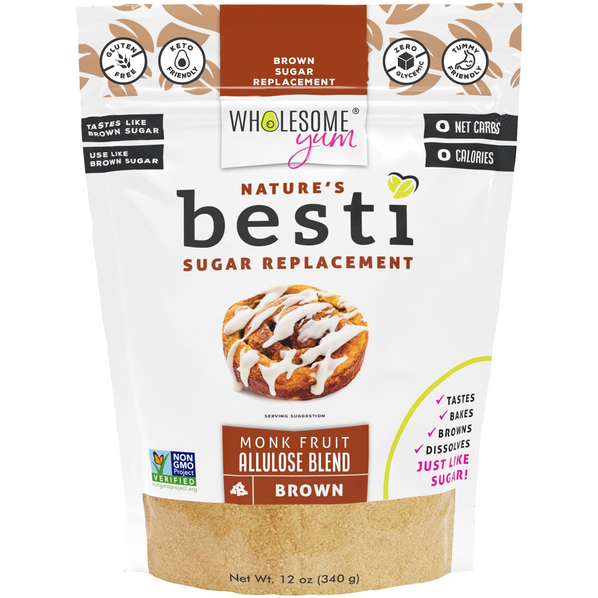 Wholesome Yum Besti Brown Sugar Substitute - Keto Monk Fruit & Allulose Blend, Zero Carb, Zero Calorie, 12 oz