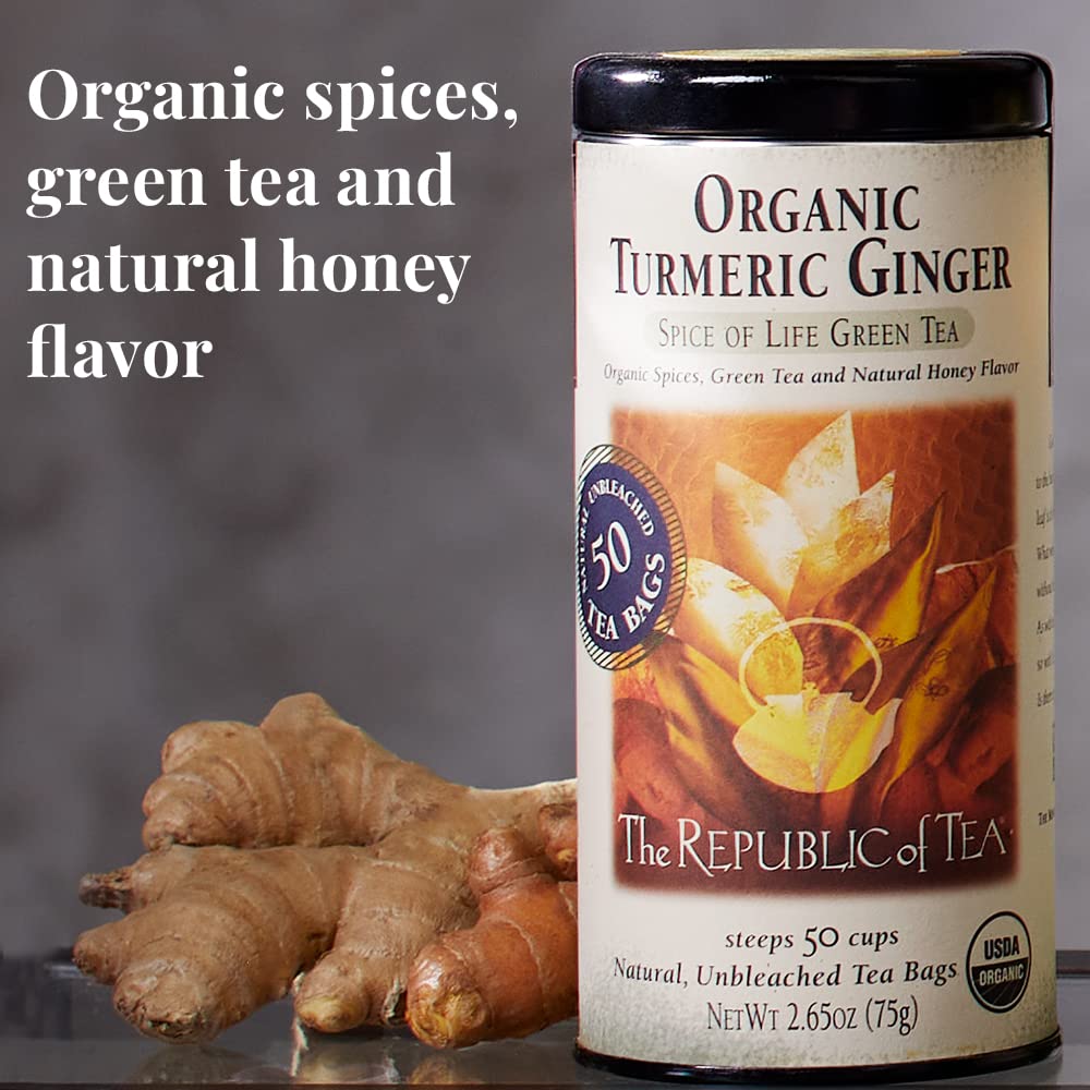 The Republic of Tea Organic Turmeric Ginger Green Tea - 50 Tea Bags, Naturally Caffeinated, 50 Count
