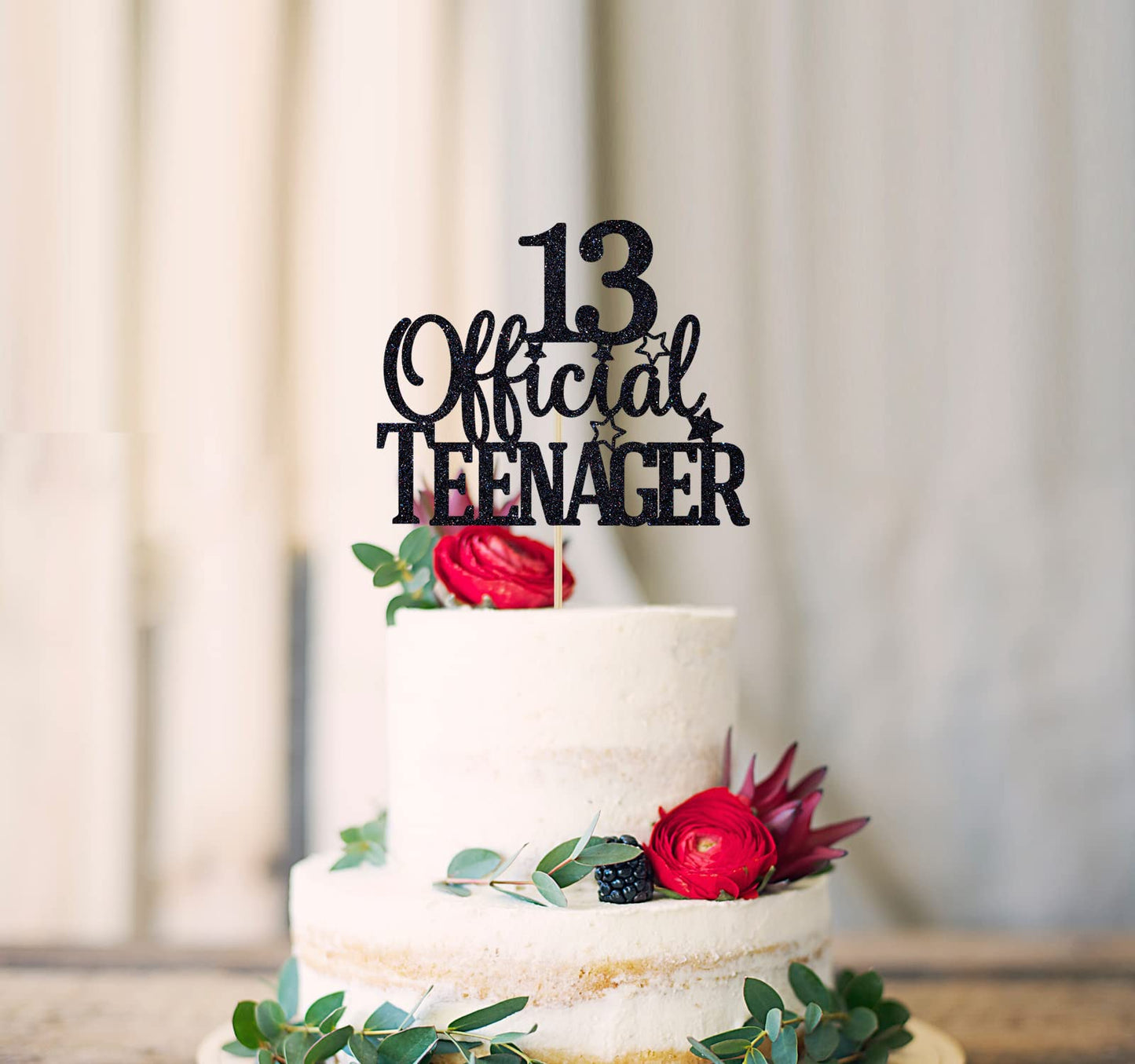 Black Glitter 13 Official Teenager Cake Topper, Cheers To 13 Years Decor, 13Th Birthday Party Decorations