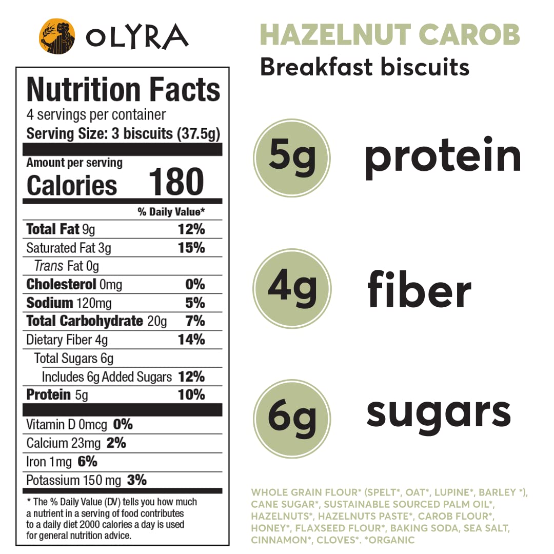 Olyra Hazelnut Carob Breakfast Biscuits, Healthy Snacks for Kids and Adults, Low Sugar, High Fiber, Vegan Organic Cookies, with