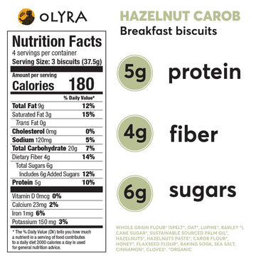 Olyra Hazelnut Carob Breakfast Biscuits, Healthy Snacks for Kids and Adults, Low Sugar, High Fiber, Vegan Organic Cookies, with