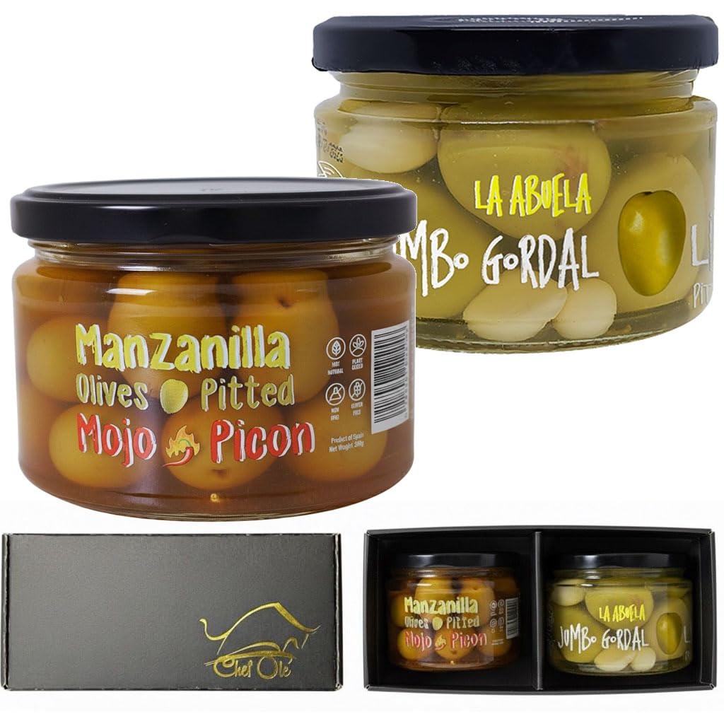 Chef Ole Spanish Olives Gift Basket: Artisanal Gourmet Olives Featuring La Abuela Family Recipe & Spicy Mojo Picon-Top-Grade Foodie Gift Set | Perfect Vegetarian Gift Basket.Set Of 2  10 Oz Jars