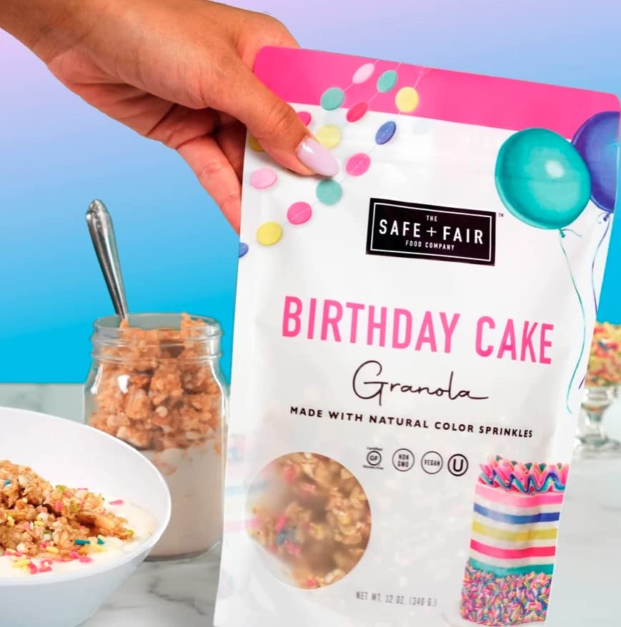 Safe + Fair Birthday Cake Granola – Gluten-Free, Vegan & Plant-Based Snack With Natural Sprinkles – 0G Trans Fat, Non-Gmo, Kosher, Allergen-Free, Whole Grain - 12Oz