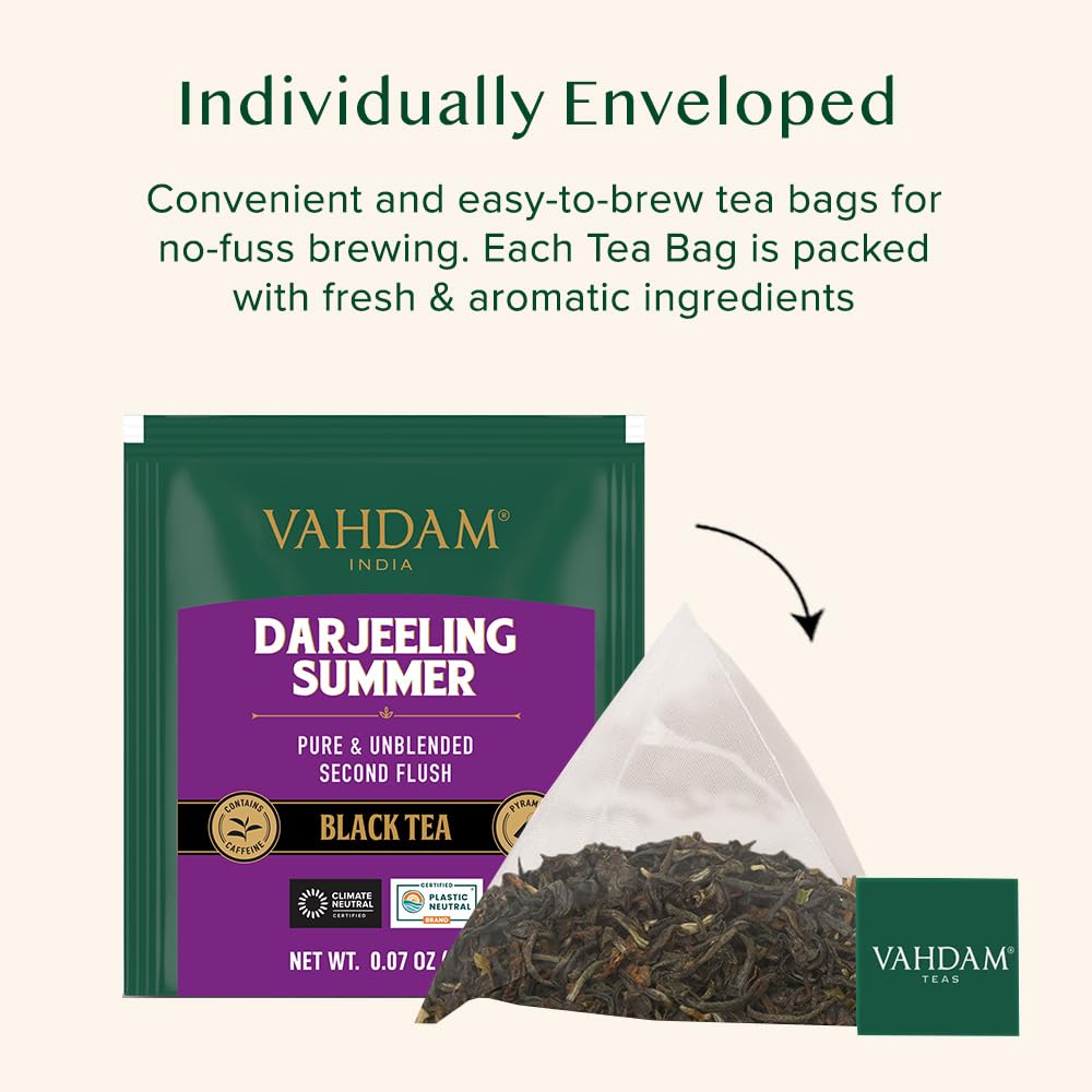 VAHDAM Darjeeling Black Tea Bags, High Caffeine, Non-GMO, Gluten Free, 100 Count