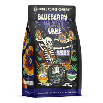 Bones Coffee Company Blueberry Blast Cake Whole Coffee Beans Beans Blueberry Pancakes Flavor, Low Acid Flavored Coffee Made With Arabica Beans, Medium Roast Coffee (12 Oz)