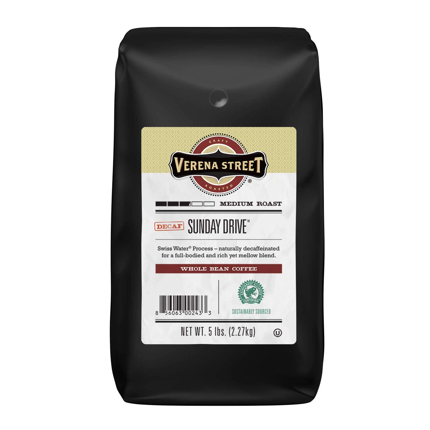 Verena Street Whole Bean Coffee, Swiss Water Process Decaf, Medium Roast, 5 Pound Pack