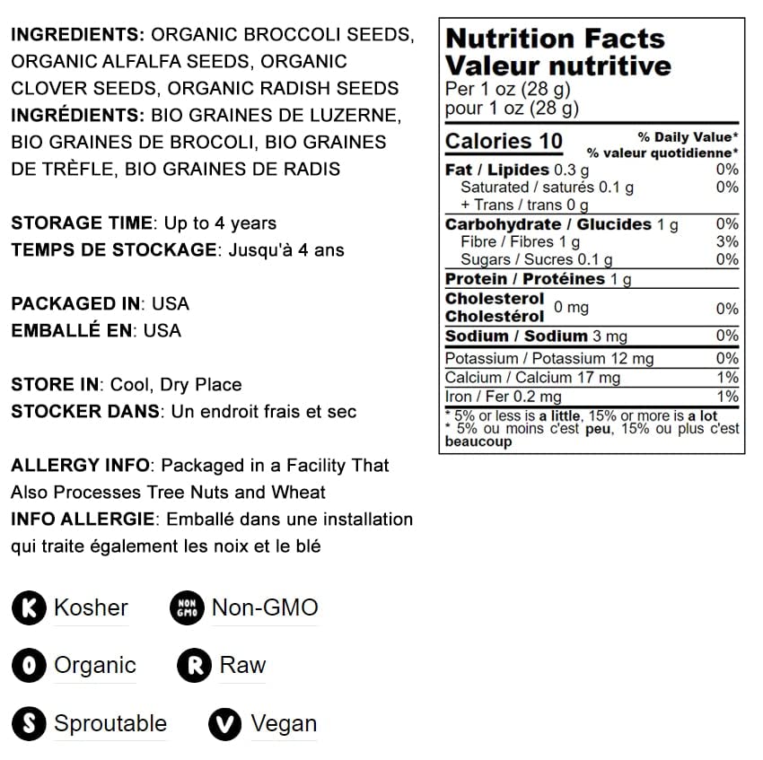 Food to Live Organic Salad Mix of Sprouting Seeds, 8 Ounces - Non-GMO Broccoli, Radish, Clover, Alfalfa. Rich Germination Rate,