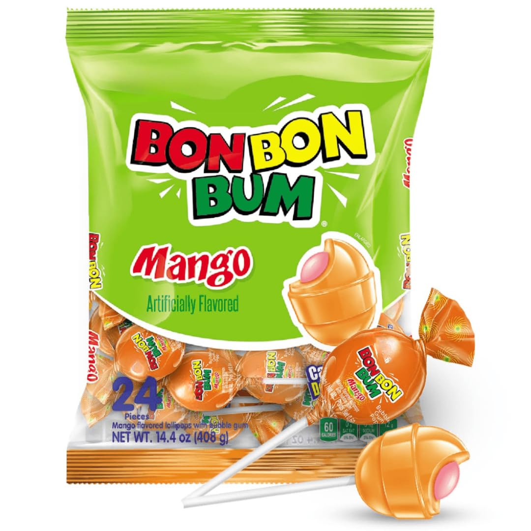 Bon Bon Bum - Fruity Lollipop with Bubble Gum center - Perfect for Parties and Sharing (24 Pieces, Mango)
