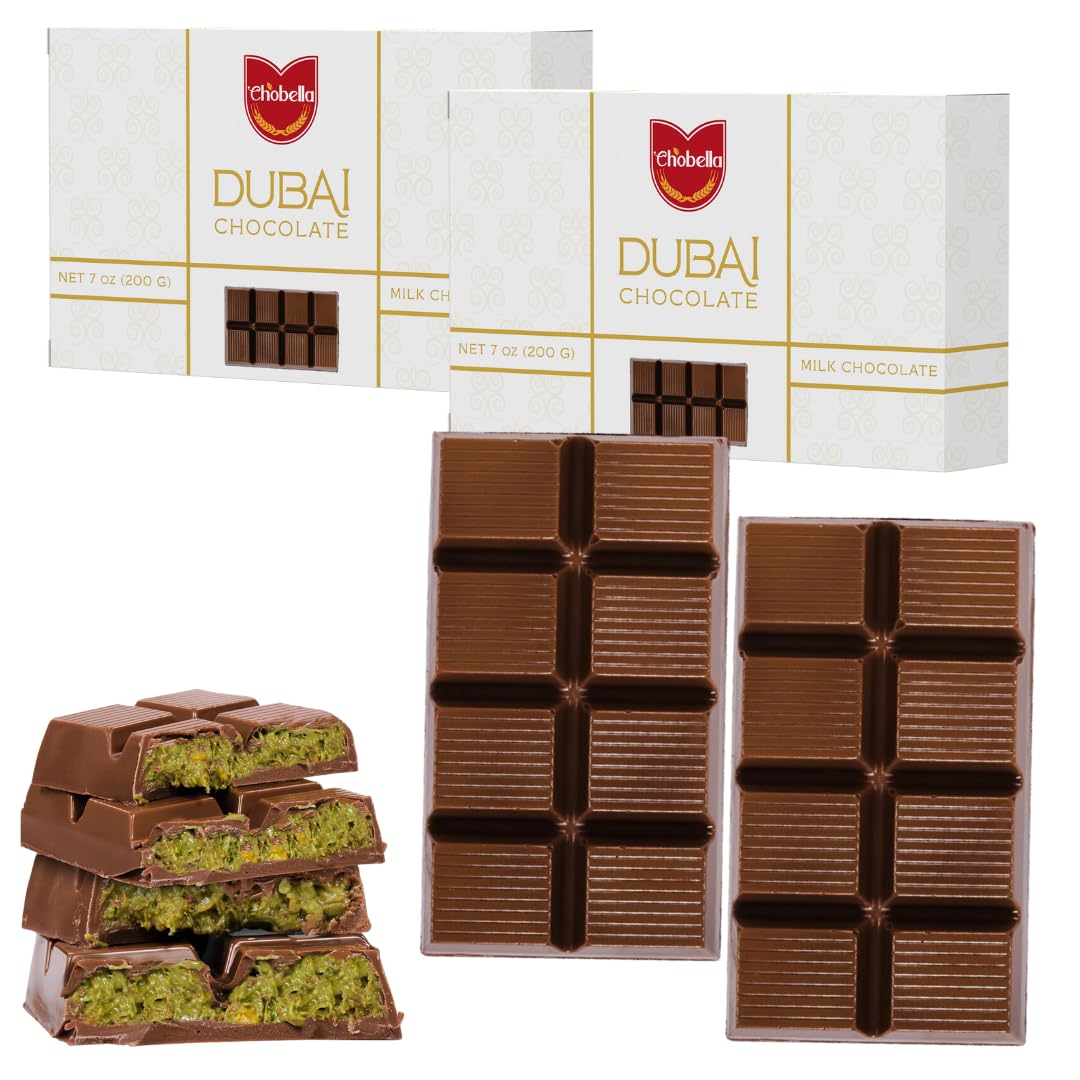 Chobella Dubai Chocolate Bar Pistachio 2 Pack, Enhanced Pistachio Dubai Chocolate Bar With Shredded Phyllo Dough, Viral Knafeh Candy With Kataifi, Gift Box (Total 14 Oz - 400 G)