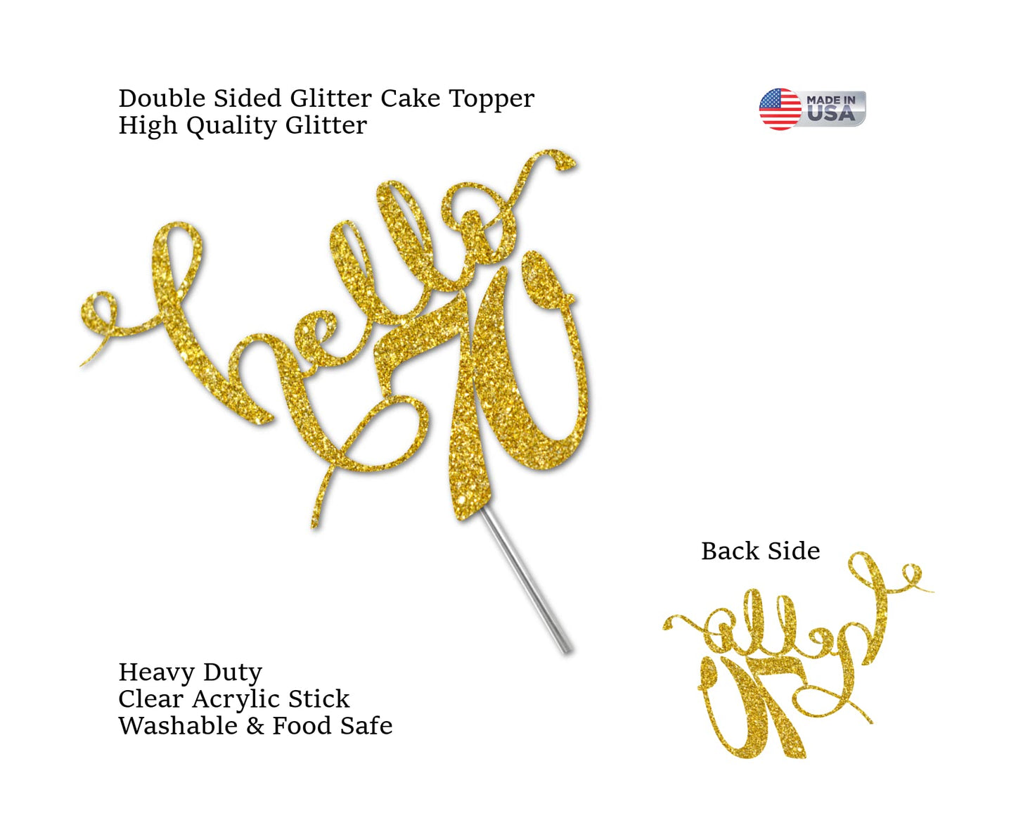 Hello 70 Birthday Cake Topper Gold Glitter, Party Decoration Ideas, Premium Quality, Sturdy Doubled Sided Glitter, Acrylic Stick