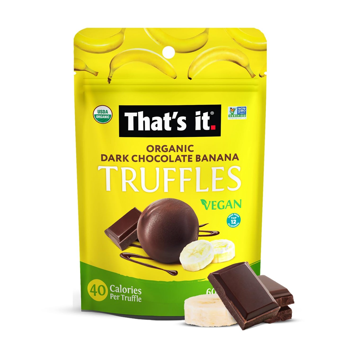 Thats it Organic Dark Chocolate & Banana Truffles. 100% Plant-Based, Vegan, Gluten-Free, All Natural, 33 Calories per Truffle (