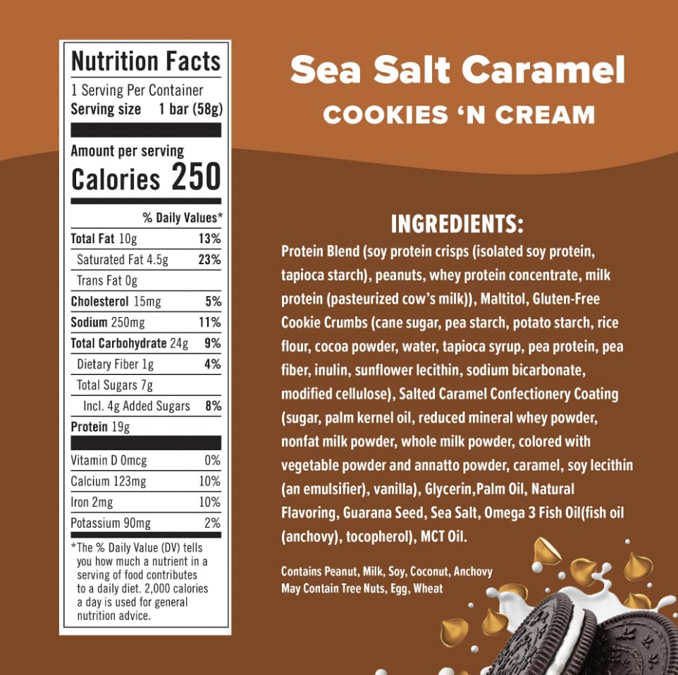 Jimmybar! - Sea Salt Caramel Cookies N Cream - 19G High Protein Bars - 7G Sugar - 12 Count - 58G Health Bars - Natural Peanut Butter Core - Caffeinated Protein Bar For Energy- Hand Drizzled Chocolate