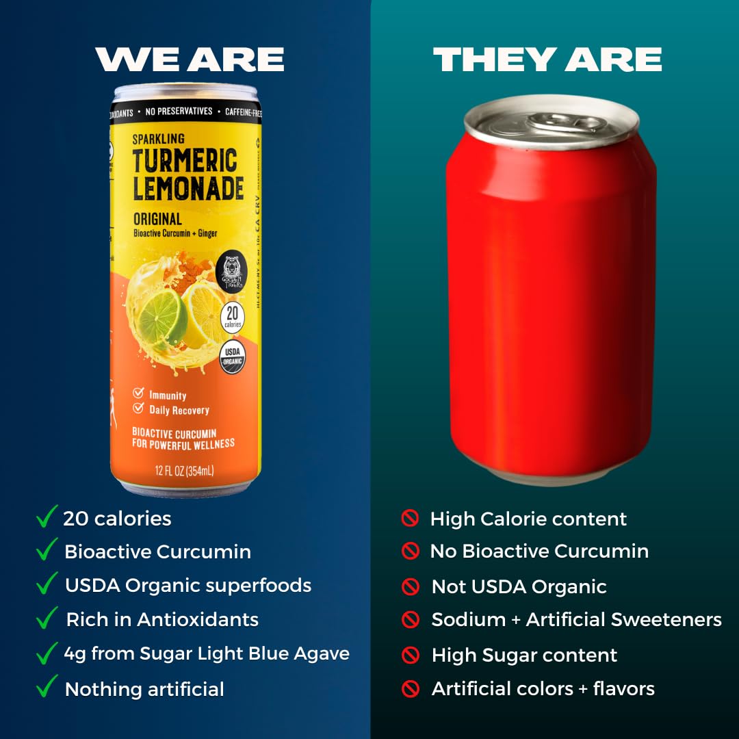 Golden Tiger Sparkling Turmeric Lemonade, Lemon Lime (12-Pack) Sparkling Wellness Drink Infused With Bioactive Curcumin & Organi