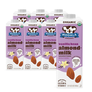 Mooala Organic Vanilla Bean Almond Milk Unsweetened 32 fl oz (Pack of 6) - Shelf-Stable, Lactose Free, Gluten-Free, Vegan, No Ad