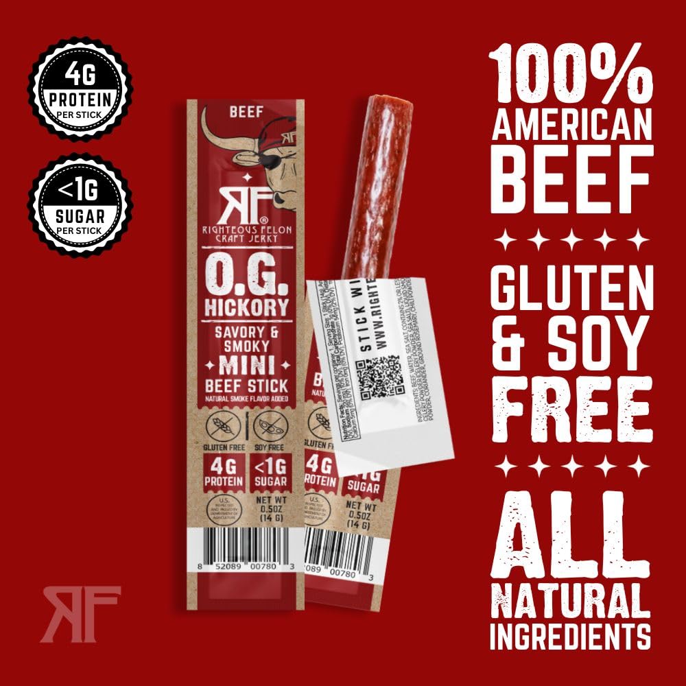 RIGHTEOUS FELON Beef Sticks Minis | Gluten Free, Low Sugar, High Protein | 0.5 Ounce (Pack of 24) | OG Hickory Flavor