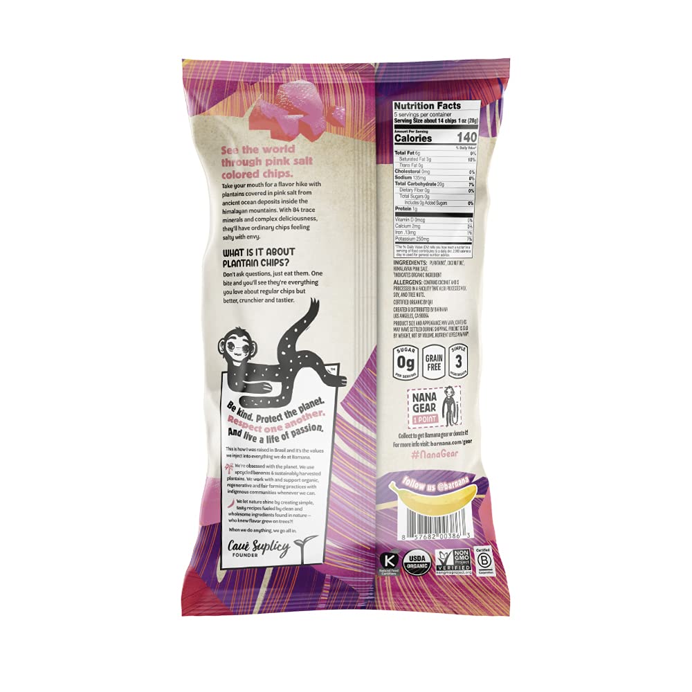 Barnana Organic Plantain Chips, Himalayan Pink Salt, 5 Ounce Bag - Paleo, Vegan, Grain Free Chips