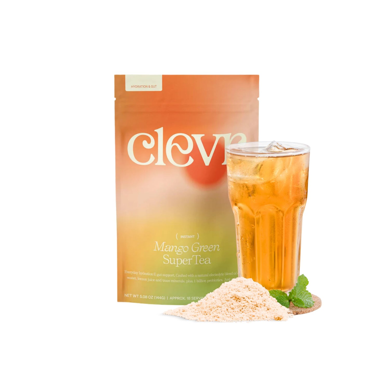 Clevr Mango Green SuperTea, Organic Green Tea Blend with Coconut Water & Probiotics, 18 Servings, 5.08 oz