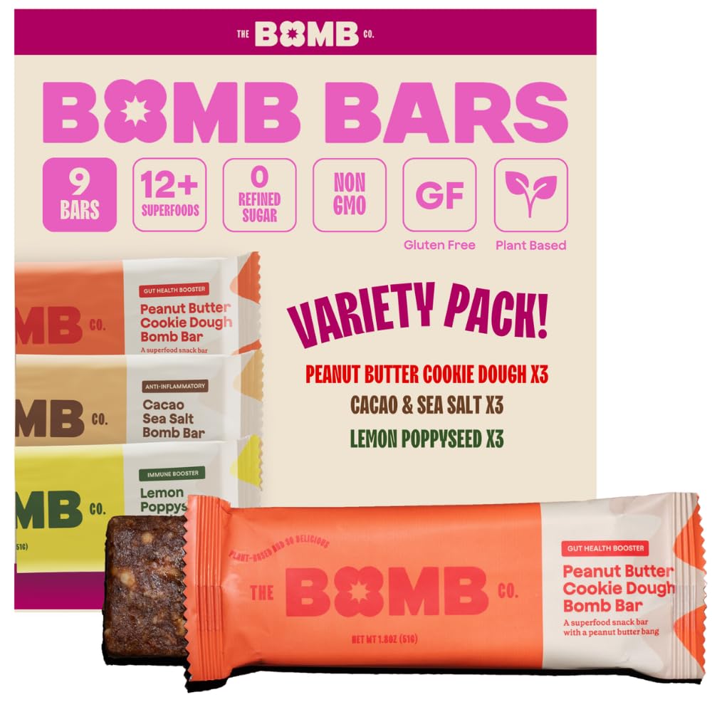 Blender Bombs Bomb Bars Variety Pack, Plant Based Energy Snack, Gluten Free, Non-GMO, 9 Piece Set