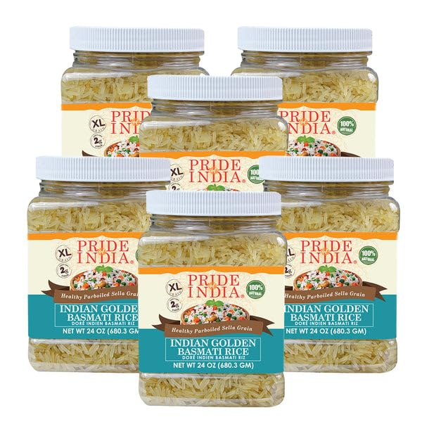 Pride Of India - Pack Of 6 - Extra Long Indian Golden Basmati Rice - Healthy Parboiled Sella Grain, 1.5 Pound Jar