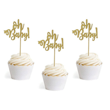 24 Gold Glitter Oh Baby Cake Cupcake Toppers Picks For Wedding Birthday Baby Shower Party Decorations