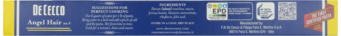 De Cecco Capellini Pasta Cut No. 9 (16 Oz. Box) imported from Italy