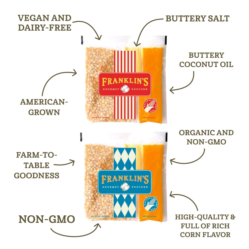 Franklins Gourmet Popcorn All-In-One Popcorn Packs for Popcorn Machine - 2oz Pack of 10 - Packs of Organic Corn Kernels with Bu
