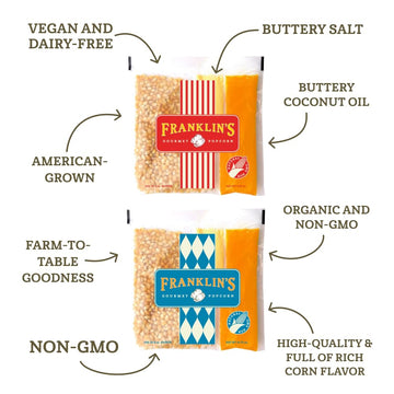 Franklins Gourmet Popcorn All-In-One Popcorn Packs for Popcorn Machine - 2oz Pack of 10 - Packs of Organic Corn Kernels with Bu