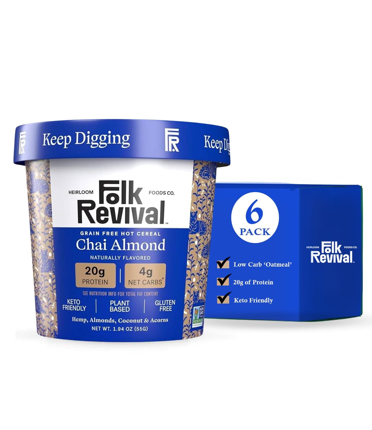 Folk Revival Chai Almond Keto Instant Oatmeal - 20g Protein, 4g Net Carbs, Gluten Free - 6 Cups Per Case, Brown