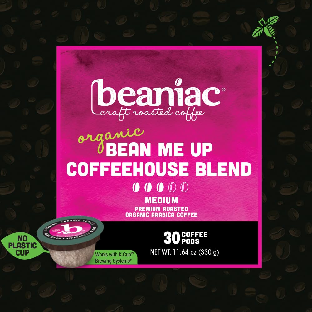 beaniac Organic Bean Me Up Medium Roast Coffee K Cup Pods, 30 Compostable Pods, Rainforest Alliance Certified