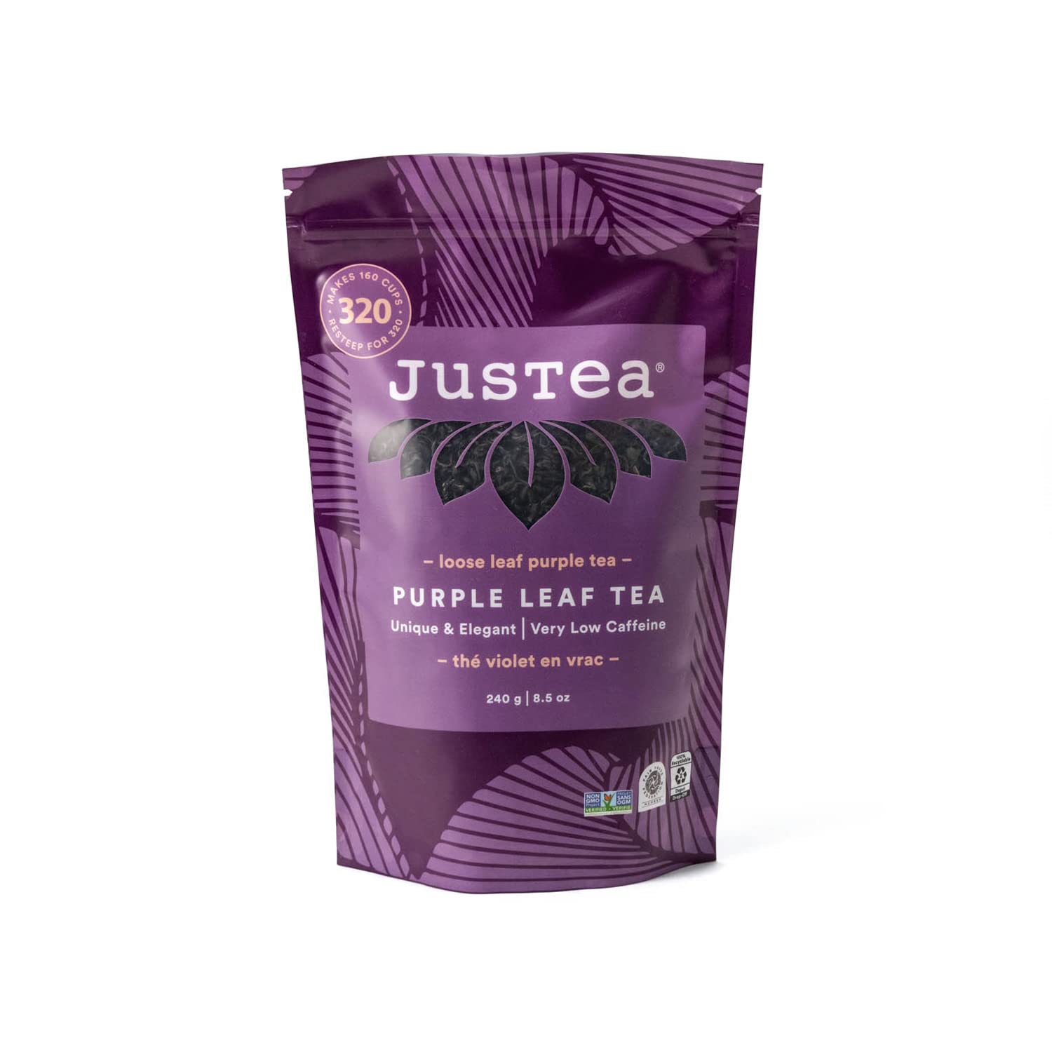 JusTea Loose Leaf Purple Tea | 160+ Cups | Low Caffeine | Fair Trade | Non-GMO | Recyclable Pouch