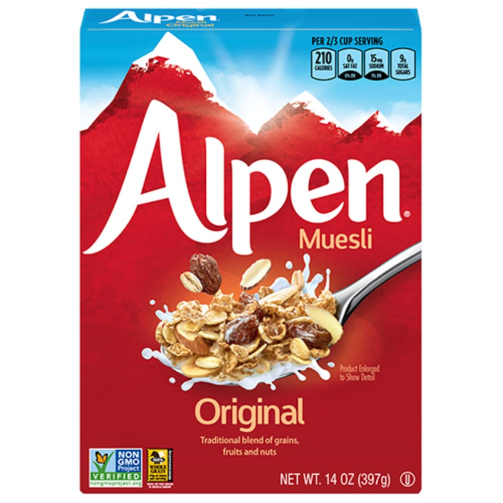 Alpen Muesli Original Cereal, Heart Healthy Cereal with Wheat Flakes, Rolled Oats, Nuts and Raisins, Non-GMO Project Verified, 14 OZ Box (Pack of 1)