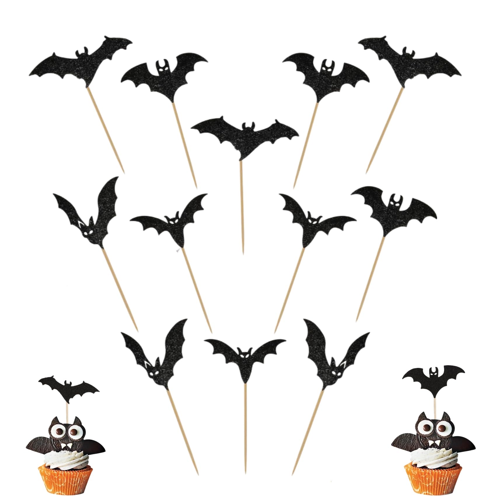 24Pcs Halloween Cupcake Toppers, Halloween Bat Cupcake Decorations, Black Glitter Bat Halloween Cupcake Picks For Halloween Part