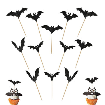 24Pcs Halloween Cupcake Toppers, Halloween Bat Cupcake Decorations, Black Glitter Bat Halloween Cupcake Picks For Halloween Part