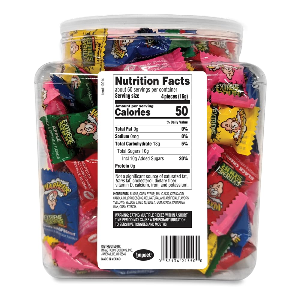 Warheads - Extreme Sour Hard Candy - Sour Apple, Black Cherry, Blue Raspberry, Lemon & Watermelon Flavors - 34 Oz. Tub With 240