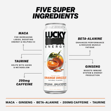Lucky Energy Sugar Free Energy Drink, Pack of 12 Cans, 19.2 Fl Oz, Orange Drizzle, 200mg Caffeine, Ginseng, Taurine, Beta-Alanine