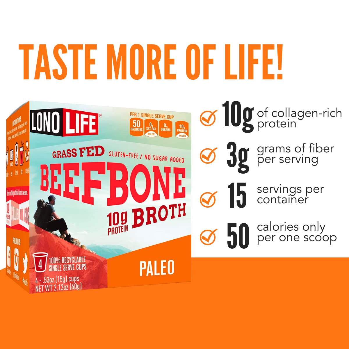 Lonolife - Beef Bone Broth Single Serve Cups - 10G Collagen Protein - Grass-Fed, Gluten-Free - Keto  Paleo Friendly - 10 Count