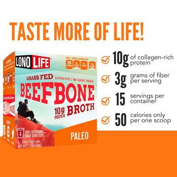 Lonolife - Beef Bone Broth Single Serve Cups - 10G Collagen Protein - Grass-Fed, Gluten-Free - Keto  Paleo Friendly - 10 Count
