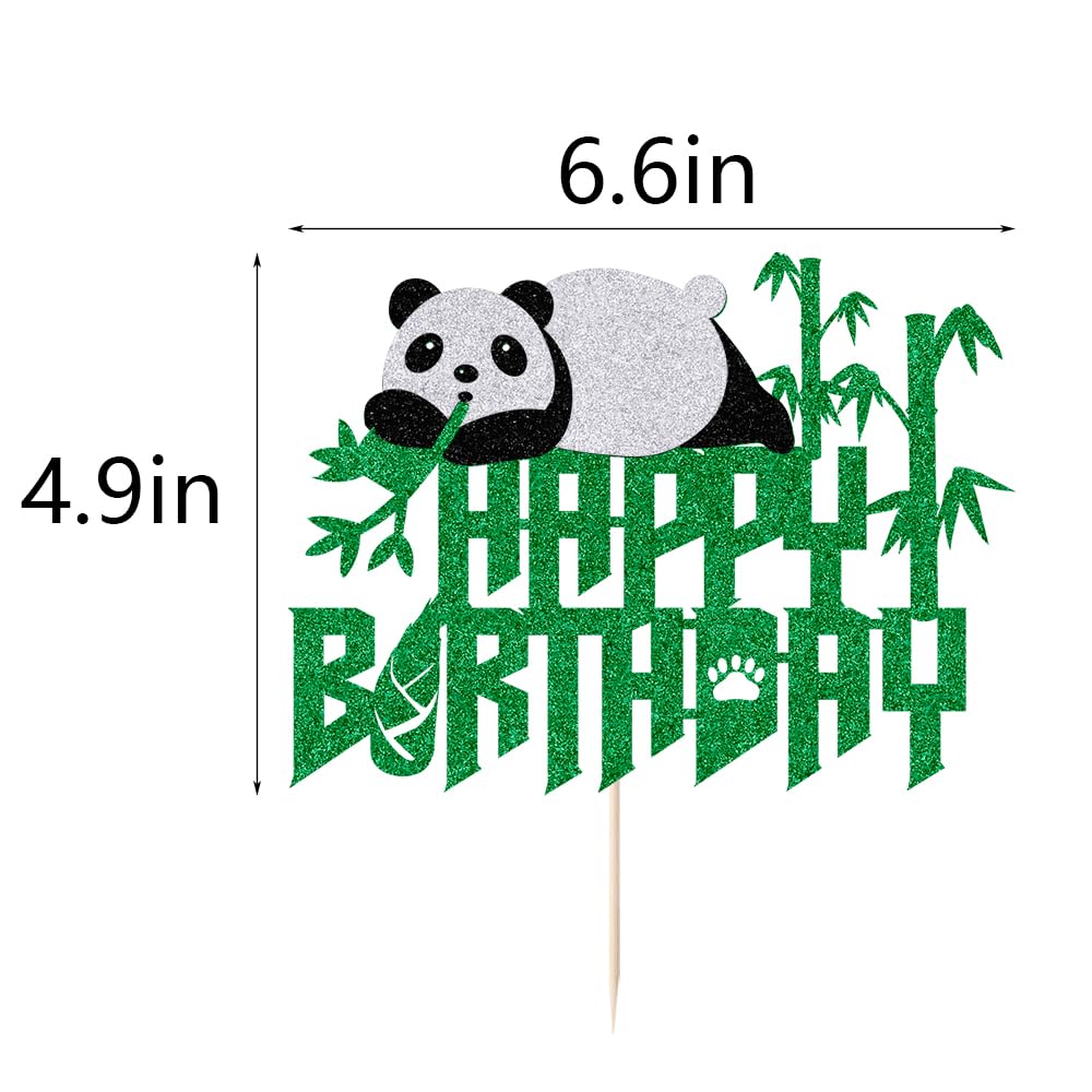 Panda Happy Birthday Cake Topper-Green Panda Bear Bamboo Birthday Cake Decoration,Jungle Animals Theme Party Decoration,Baby Sho