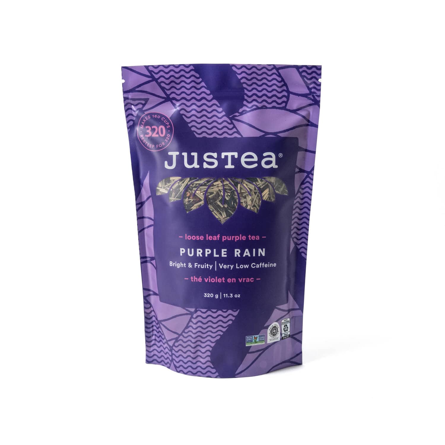Justea Purple Rain | Loose Leaf Purple Tea | Recyclable Refill Pouch | 160+ Cups (11.3Oz) | Very Low Energy Blend | Award-Winning | Fair Trade | Non-Gmo