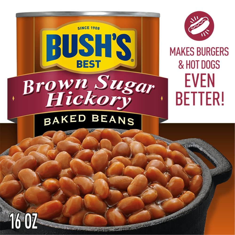 BUSH S BEST 16 oz Canned Brown Sugar Hickory Baked Beans, Source of Plant Based Protein and Fiber, Gluten Free (Pack of 12)