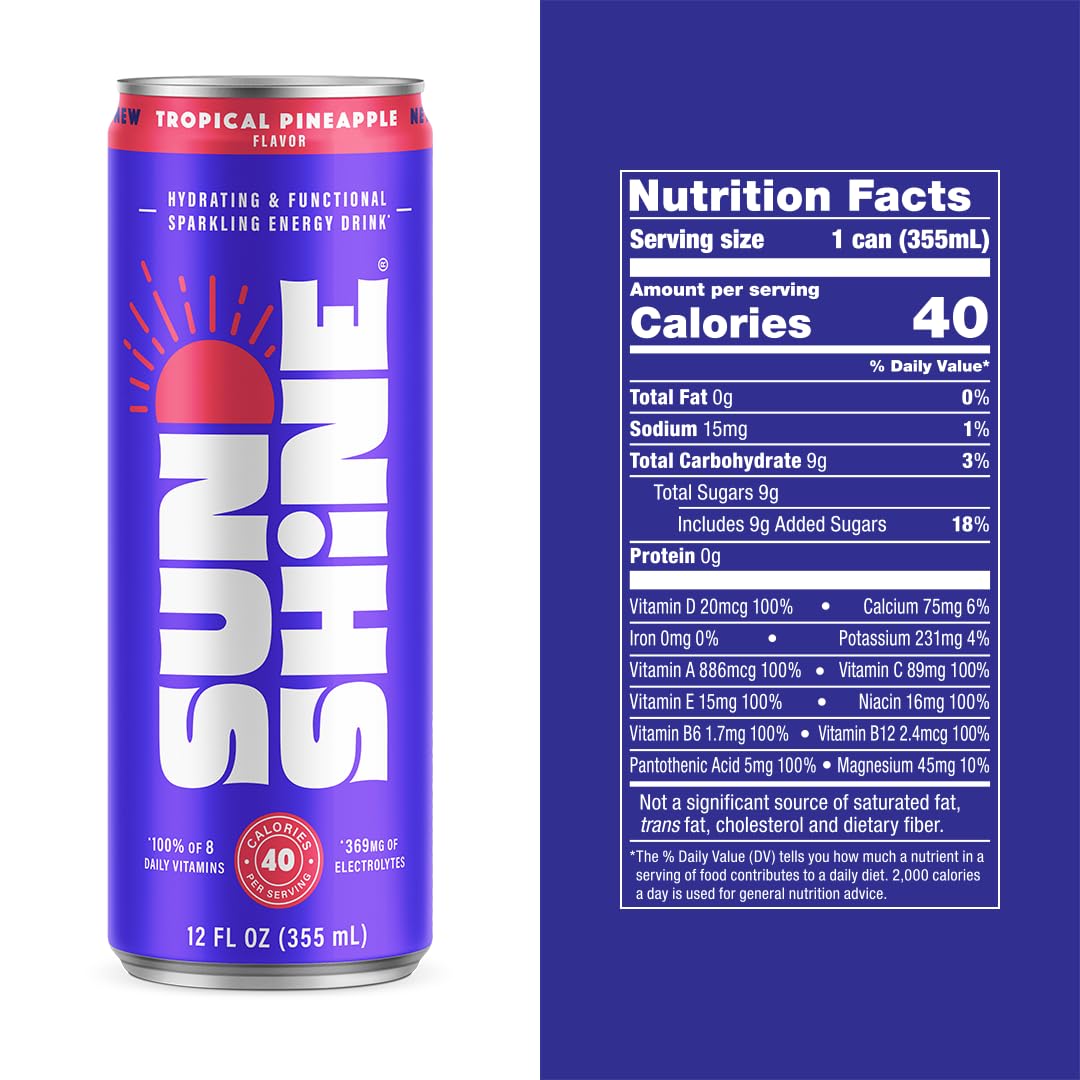 Legendary Sunshine Tropical Pineapple Energy Drink, 12 Fl Oz (Pack of 12), 360mg Electrolytes, 70mg Caffeine, Natural Flavor