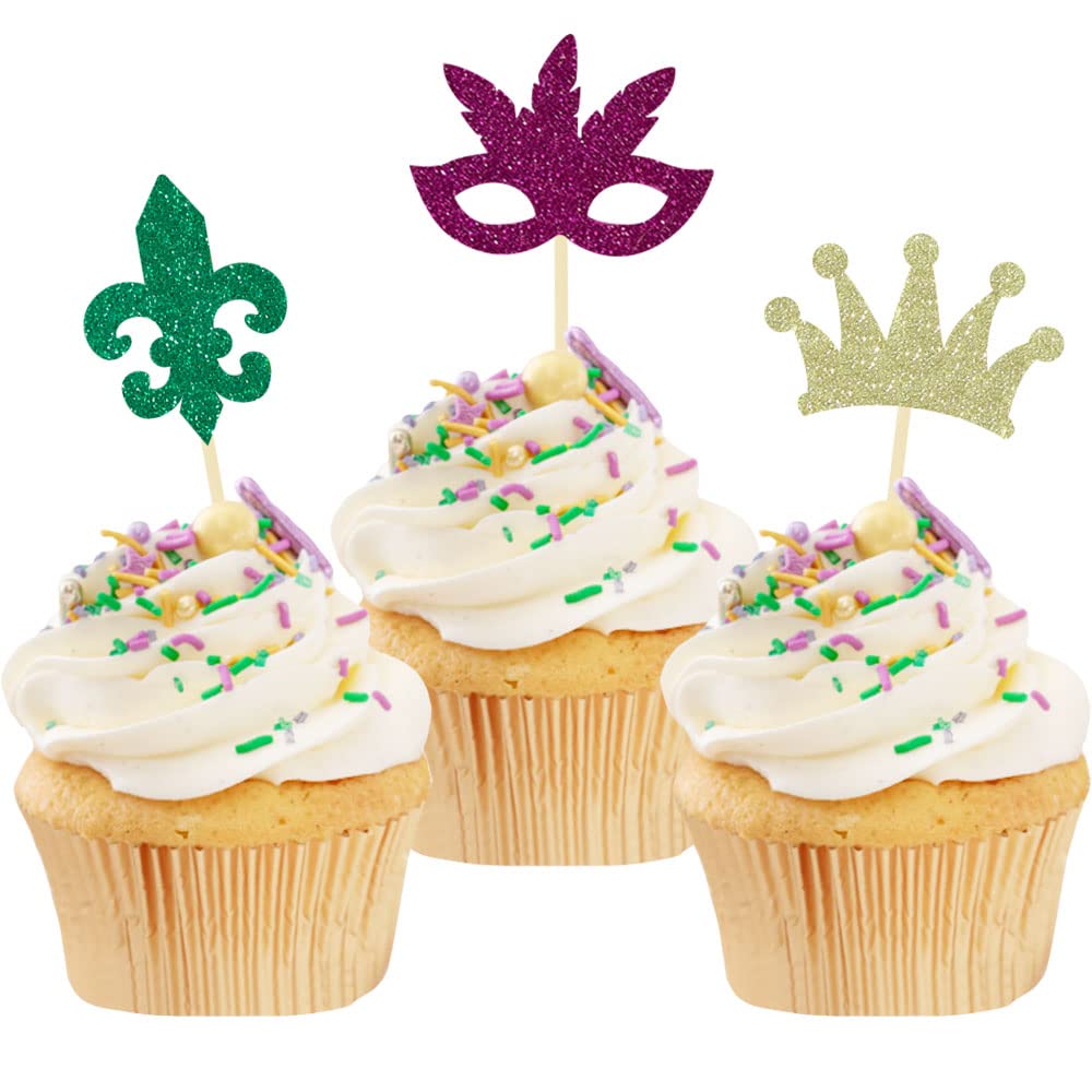 24 Pcs Mardi Gras Cupcake Toppers, Glitter Masquerade Masks Cupcake Toppers For Masquerade Mardi Gras Party Baby Shower Birthday