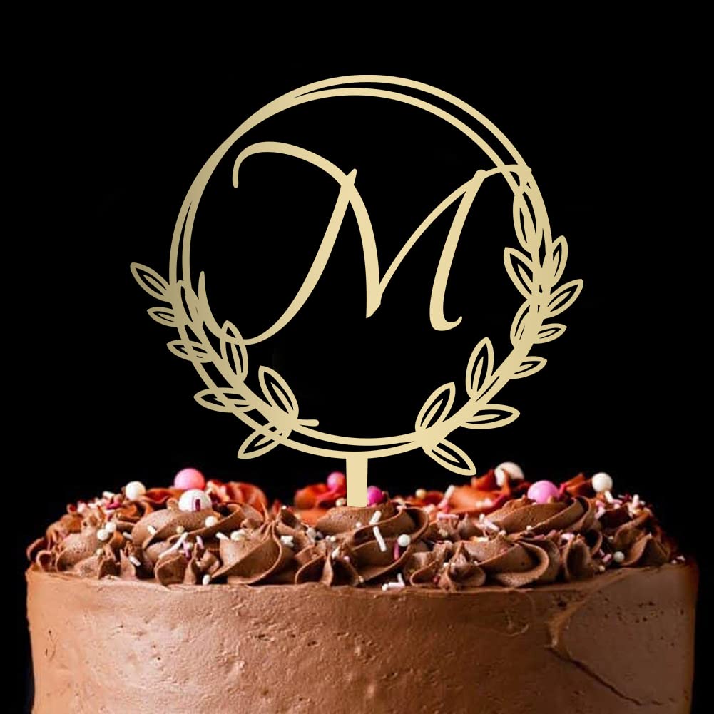 Vinisong Wooden Cake Topper, Personalized Initial Letter M, Golden Wreath Decoration for Birthdays and Weddings, Model JHN20092901