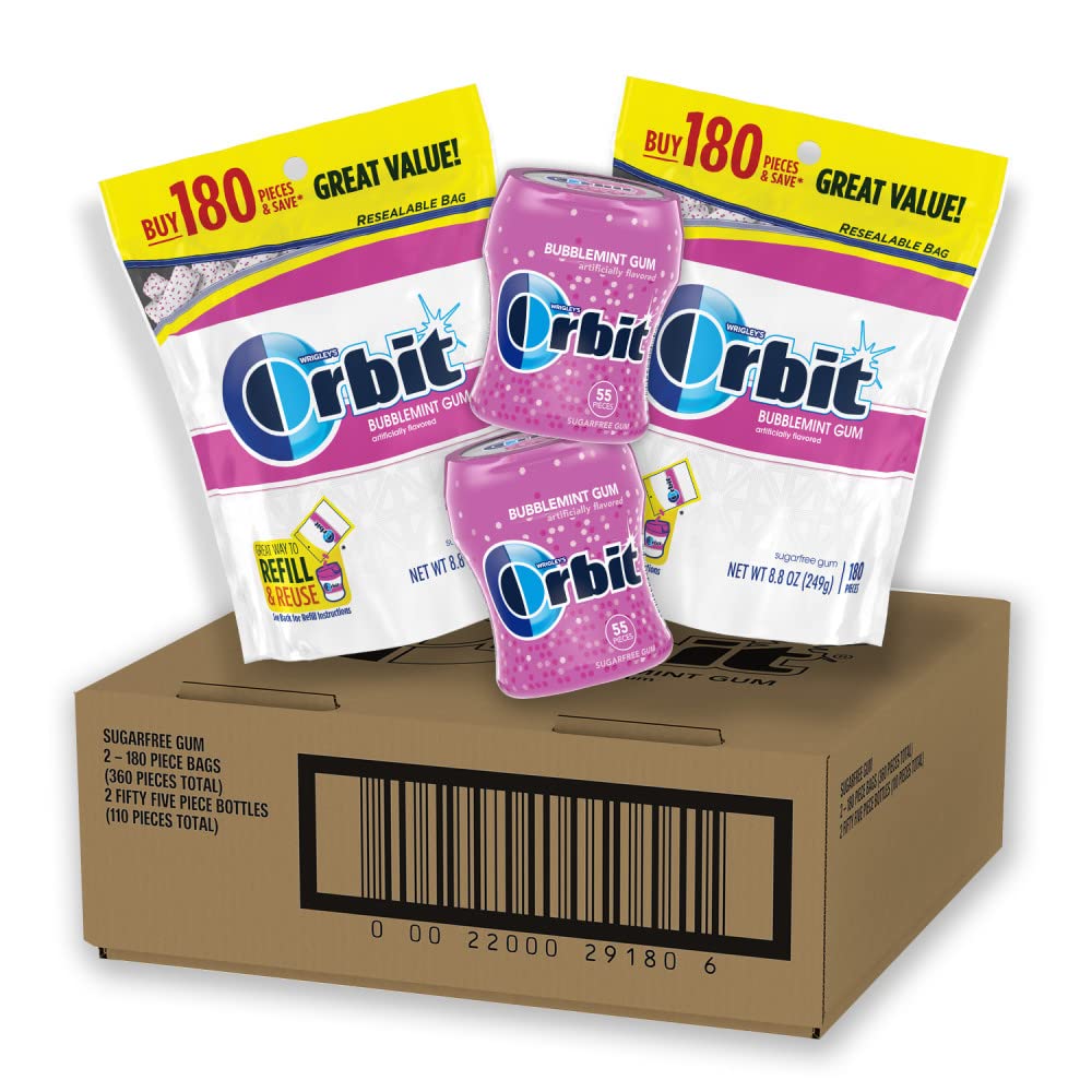 Orbit Sugar-Free Chewing Gum, Bubblemint Flavor, Bulk Pack, 470 Count (2 Bags - 180 Pieces & 2 Bottles - 55 Pieces)