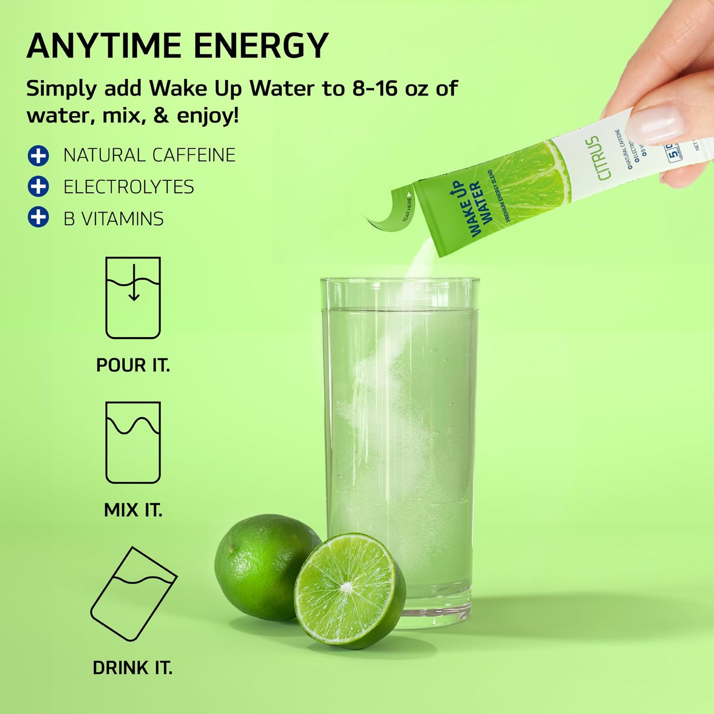 Wake Up Water Energy Drink Powder - Sugar Free, Citrus Flavor, Electrolytes, Natural Caffeine, 15 Packs, 5 Calories, Gluten Free